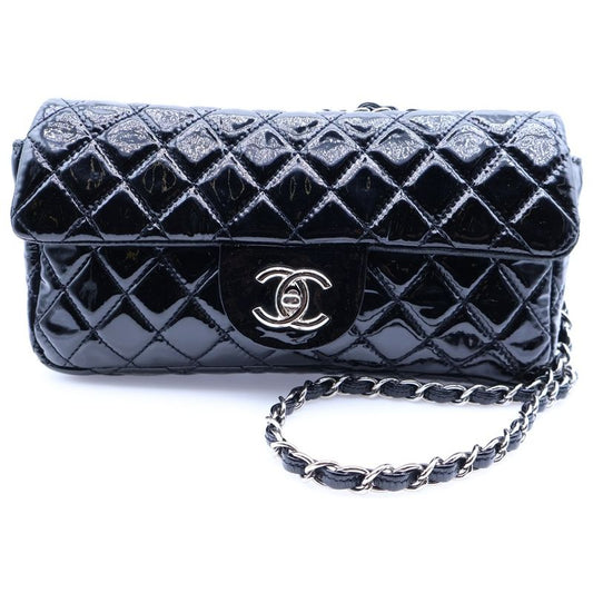 Chanel Matelasse 24 Single Flap Double Chain Shoulder Bag Black Patent Silver