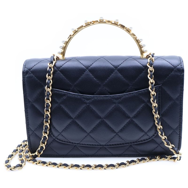 Chanel Matelasse Top Handle Chain Wallet Shoulder Bag Black Lambskin Gold