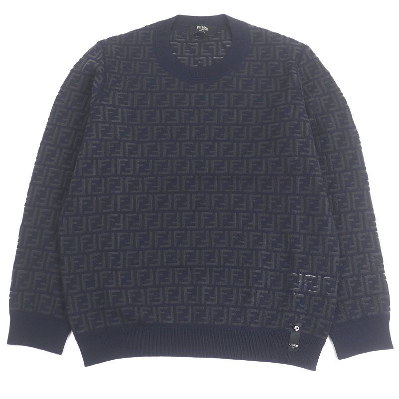 □fendi 2024 Fzy063 FF Logo Zucca Total Light Hand Long Sleeve Knit Sweater Navy