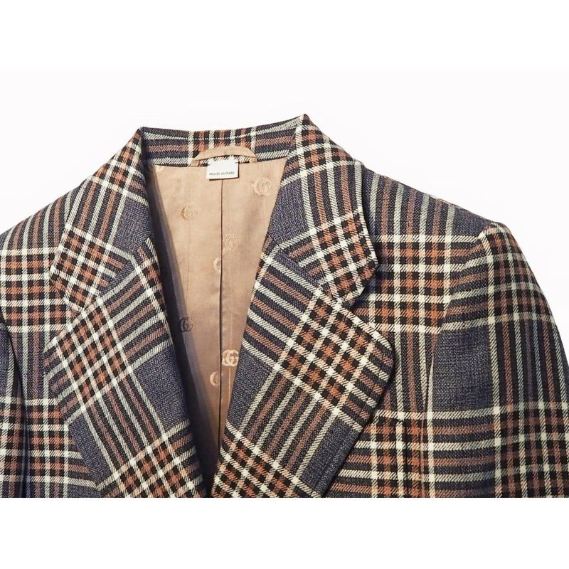 Gucci Jacket Outerwear Single Breasted Casual Women's Check Navy Light Pink
