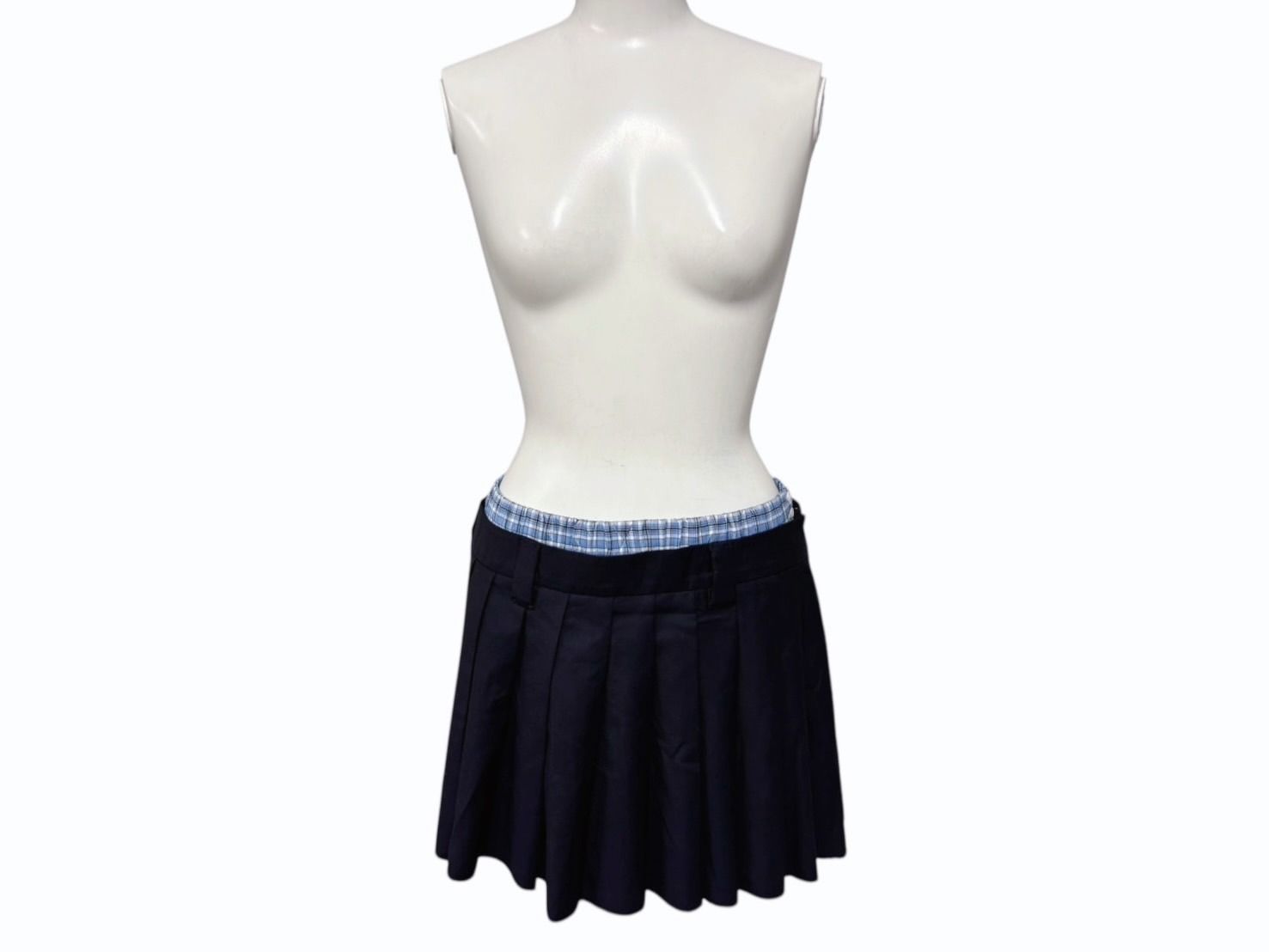 Miu Miu Pleated Batavia Mini Skirt Navy Plaid Layered 36