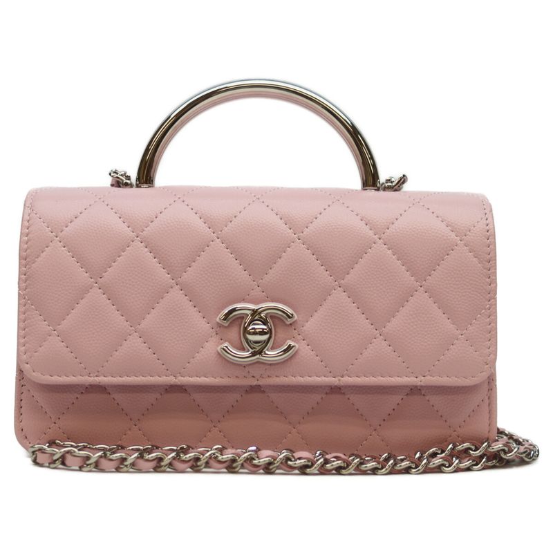 Chanel 25SS Ap4498 Pink Caviar Silver Hardware Top Handle Chain Clutch Shoulder