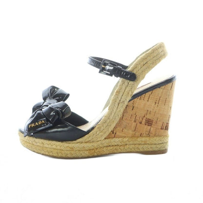Prada Enamel Ribbon Wedge Sole Sandals Strap Black 35 22cm (8.66in) RI - OS