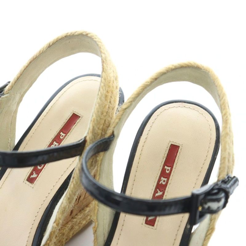 Prada Enamel Ribbon Wedge Sole Sandals Strap Black 35 22cm (8.66in) RI - OS