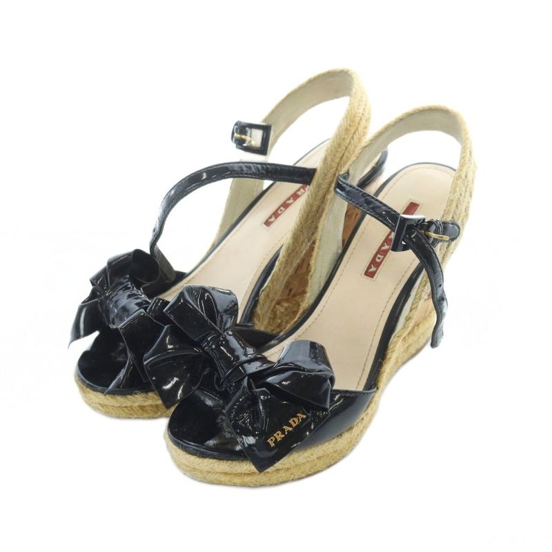 Prada Enamel Ribbon Wedge Sole Sandals Strap Black 35 22cm (8.66in) RI - OS