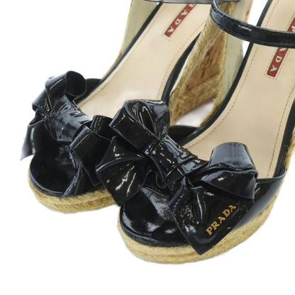 Prada Enamel Ribbon Wedge Sole Sandals Strap Black 35 22cm (8.66in) RI - OS