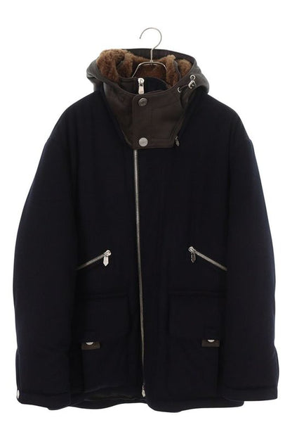 Hermes Lamb Leather Hooded Padded Cashmere Zip Coat Men's 48