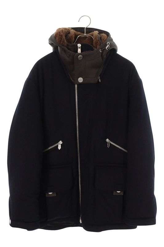 Hermes Lamb Leather Hooded Padded Cashmere Zip Coat Men's 48