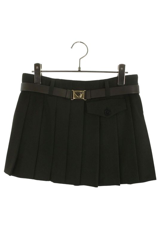 Prada P179xk Pleated Skirt With Triangle Logo Belt Women 36