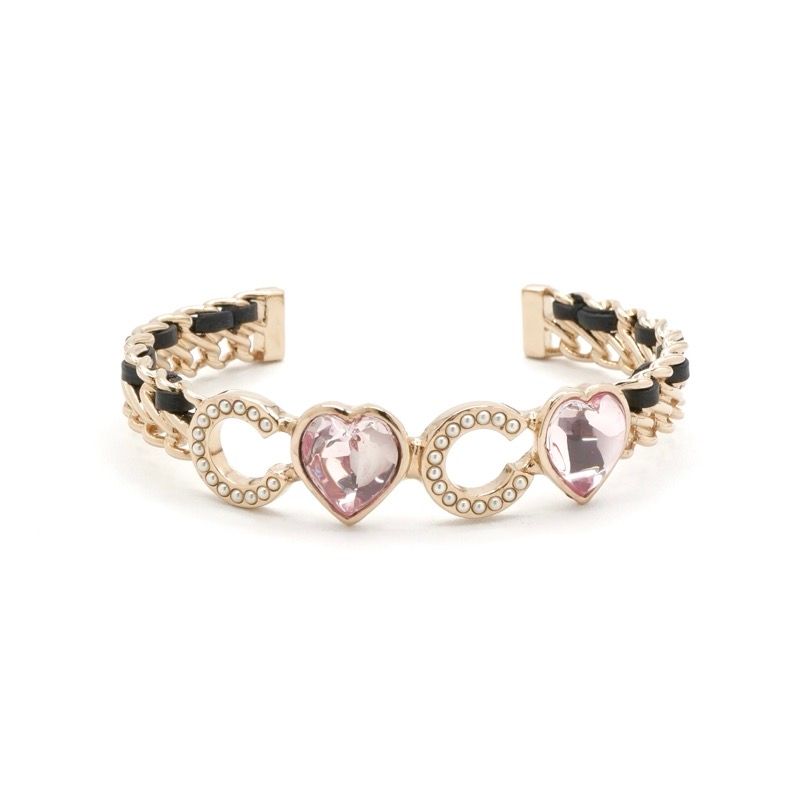 Chanel Bracelet Bangle Cuff Gold Black Logo Heart Pearl Rhinestone