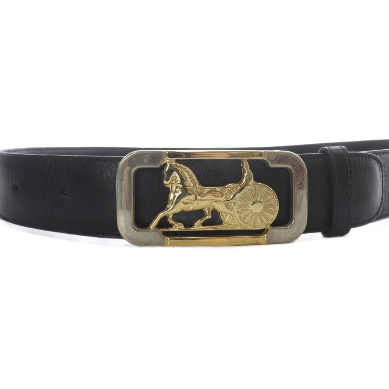 Celine Carriage Hardware Belt Leather Black Gold Color