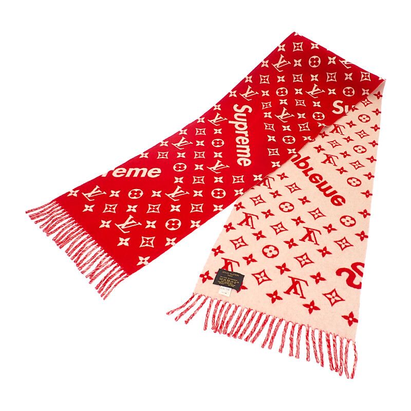 Louis Vuitton Supreme Collaboration Monogram Scarf Mp1890 Wool Cashmere Red