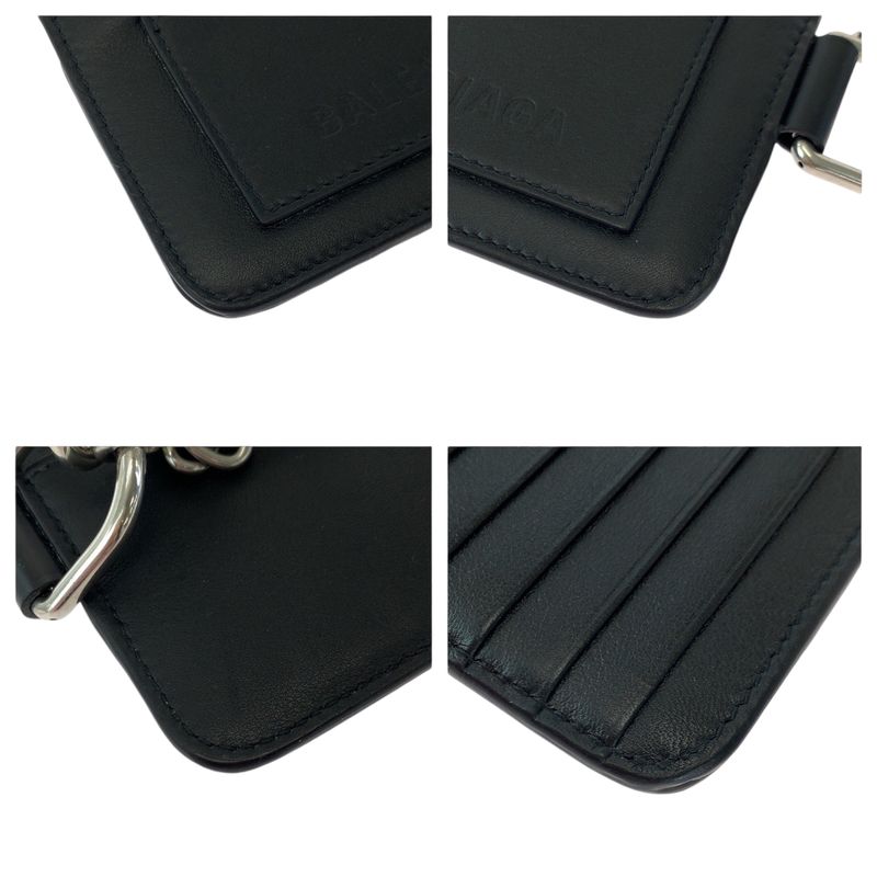 Balenciaga Logo Black Leather 655594 Coin Case With Chain Fragment Case Card