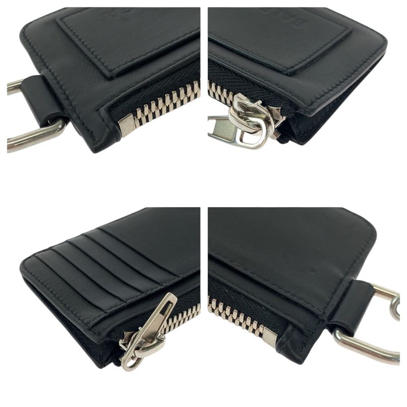 Balenciaga Logo Black Leather 655594 Coin Case With Chain Fragment Case Card