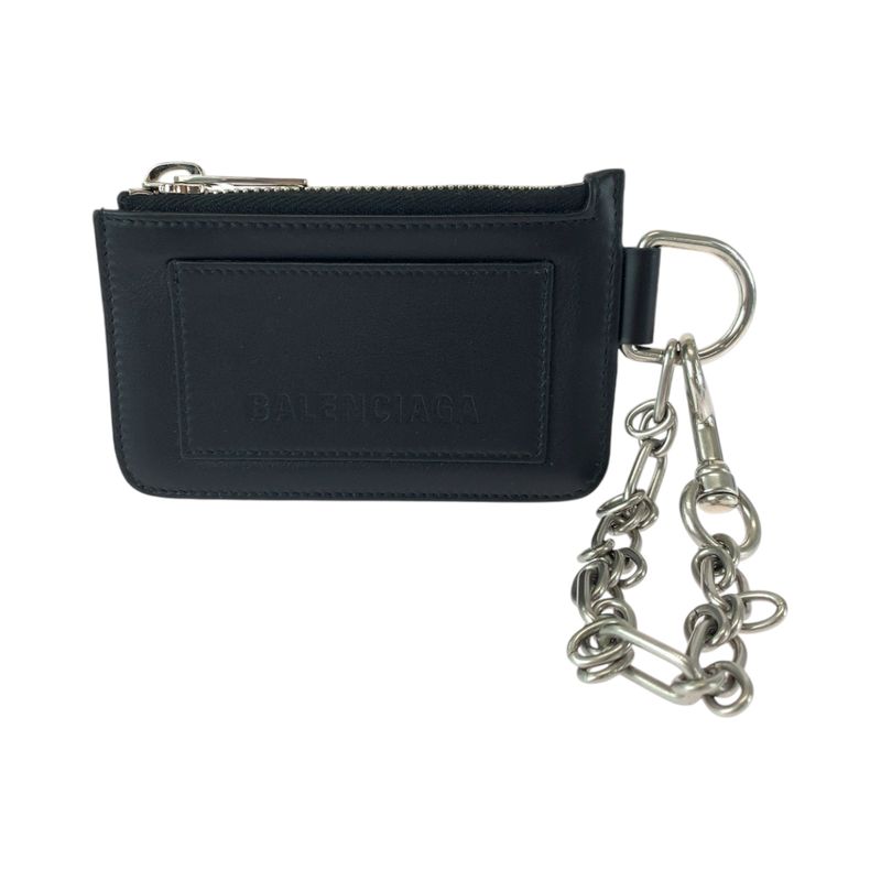Balenciaga Logo Black Leather 655594 Coin Case With Chain Fragment Case Card