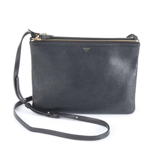 Celine Trio Leather Shoulder Bag Crossbody Genuine Leather Black Women ERM