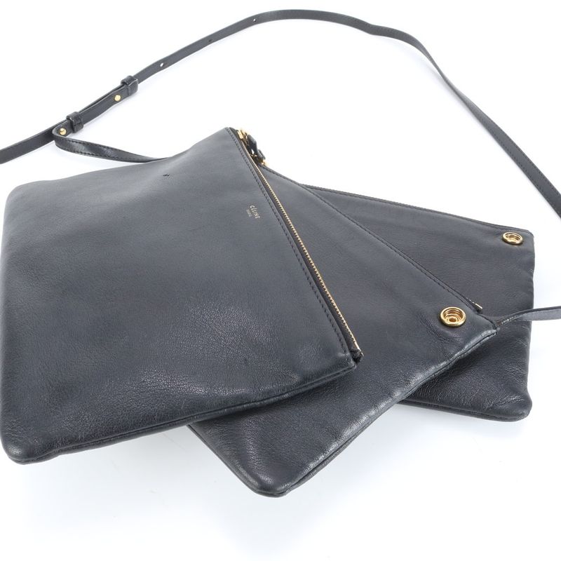 Celine Trio Leather Shoulder Bag Crossbody Genuine Leather Black Women ERM