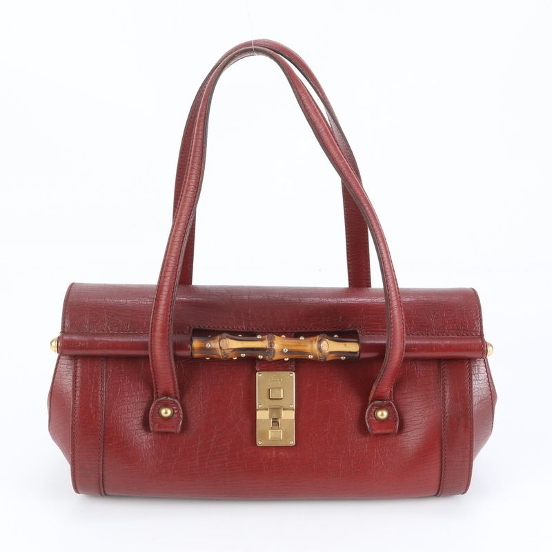 Gucci Bamboo 114993 Leather Shoulder Bag Shoulder Red Tote Hand Genuine Leather