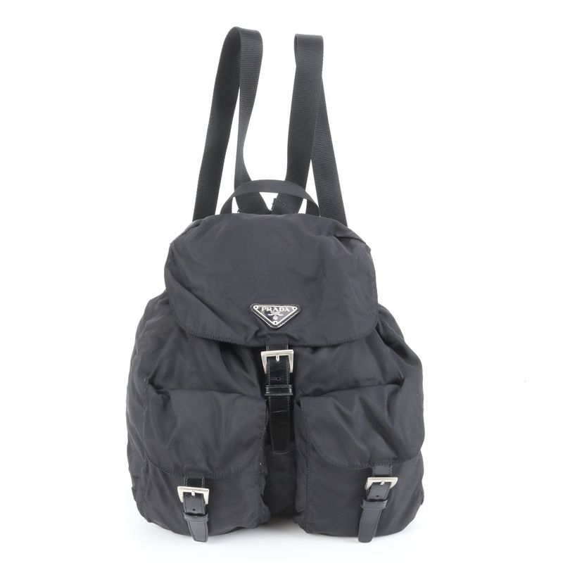 Prada Tessuto Nylon Triangle Logo Leather Backpack Sac Shoulder Bag Black
