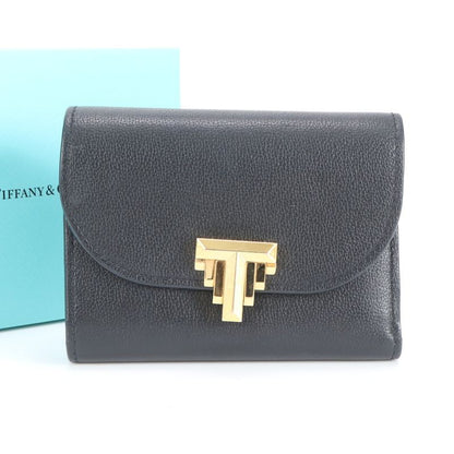 Tiffany & Co T Logo Leather Trifold Wallet Compact Wallet Genuine Black Women's