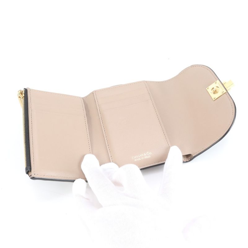 Tiffany & Co T Logo Leather Trifold Wallet Compact Wallet Genuine Black Women's