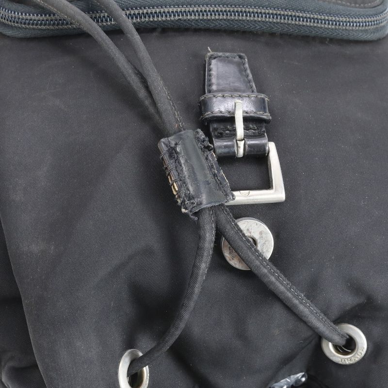 Prada Tessuto Nylon Triangle Logo Leather Backpack Sac Shoulder Bag Black Women