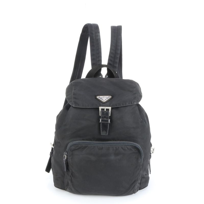 Prada Tessuto Nylon Triangle Logo Leather Backpack Sac Shoulder Bag Black Women