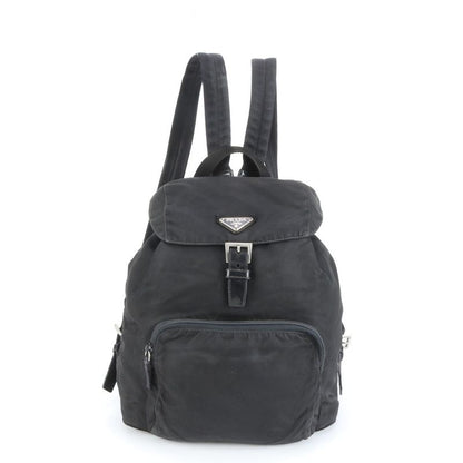 Prada Tessuto Nylon Triangle Logo Leather Backpack Sac Shoulder Bag Black Women