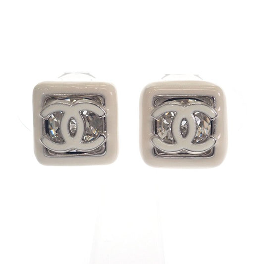 Chanel CC Square Earrings Metal White Crystal Coco Mark Silver Hardware Ladies