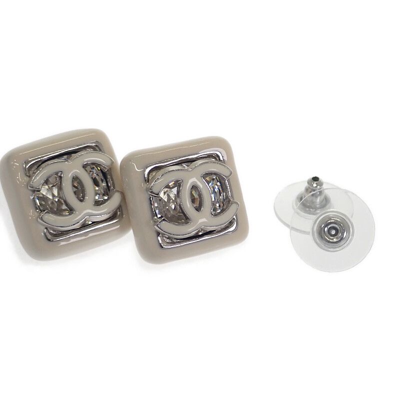 Chanel CC Square Earrings Metal White Crystal Coco Mark Silver Hardware Ladies