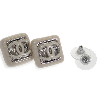 Chanel CC Square Earrings Metal White Crystal Coco Mark Silver Hardware Ladies