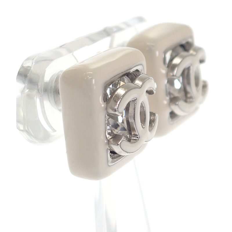 Chanel CC Square Earrings Metal White Crystal Coco Mark Silver Hardware Ladies
