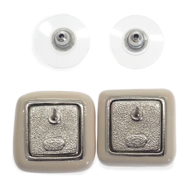 Chanel CC Square Earrings Metal White Crystal Coco Mark Silver Hardware Ladies