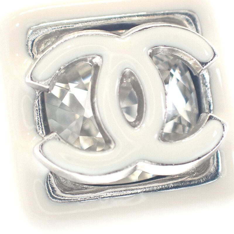 Chanel CC Square Earrings Metal White Crystal Coco Mark Silver Hardware Ladies