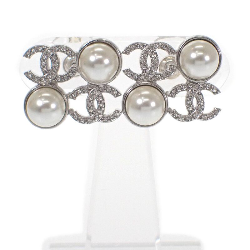 Chanel CC Coco Mark I25S Earrings Metal Faux Pearl Clear Strass Women's