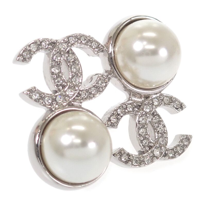 Chanel CC Coco Mark I25S Earrings Metal Faux Pearl Clear Strass Women's