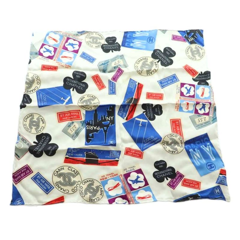 Chanel Scarf Silk Coco Mark Airline Total White Blue Red MI - OS