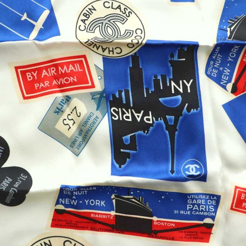 Chanel Scarf Silk Coco Mark Airline Total White Blue Red MI - OS