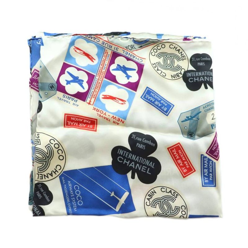Chanel Scarf Silk Coco Mark Airline Total White Blue Red MI - OS