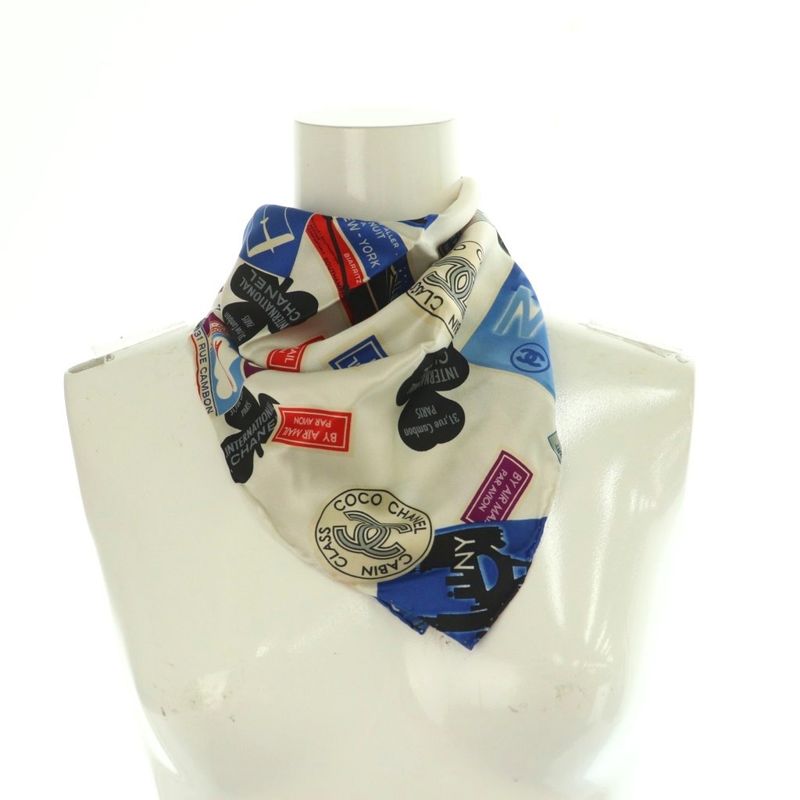 Chanel Scarf Silk Coco Mark Airline Total White Blue Red MI - OS