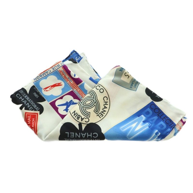 Chanel Scarf Silk Coco Mark Airline Total White Blue Red MI - OS