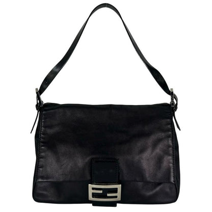 Fendi Handbag Women's Mamma Bucket Shoulder Fendi Leather Black Silver Hardware