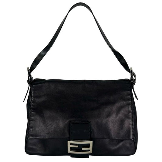 Fendi Handbag Women's Mamma Bucket Shoulder Fendi Leather Black Silver Hardware
