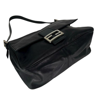 Fendi Handbag Women's Mamma Bucket Shoulder Fendi Leather Black Silver Hardware