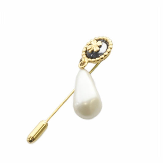 Chanel Clover Faux Pearl Pin Brooch Gold Color Black