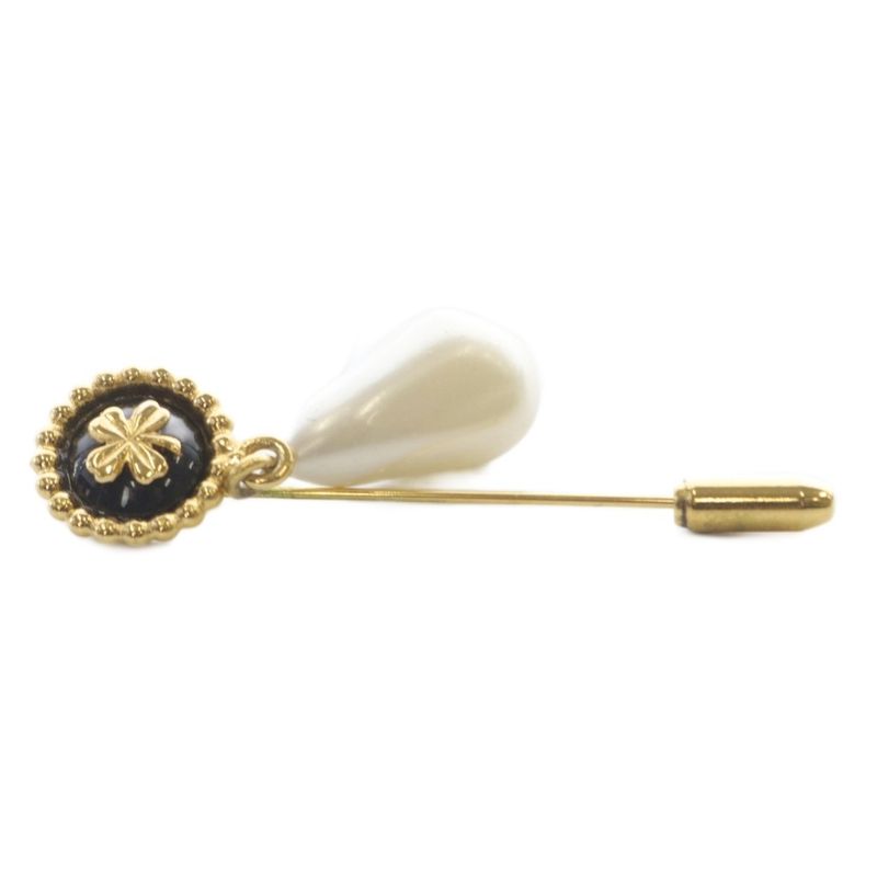 Chanel Clover Faux Pearl Pin Brooch Gold Color Black