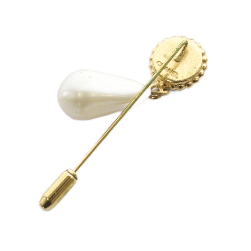 Chanel Clover Faux Pearl Pin Brooch Gold Color Black