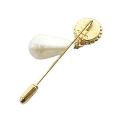 Chanel Clover Faux Pearl Pin Brooch Gold Color Black