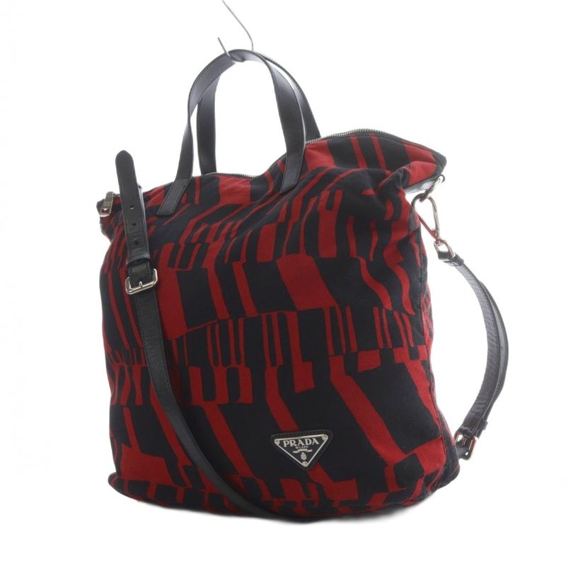Prada Tote Shoulder Bag 2way Crossbody Triangle Logo Plate Red Black YO22 - OH
