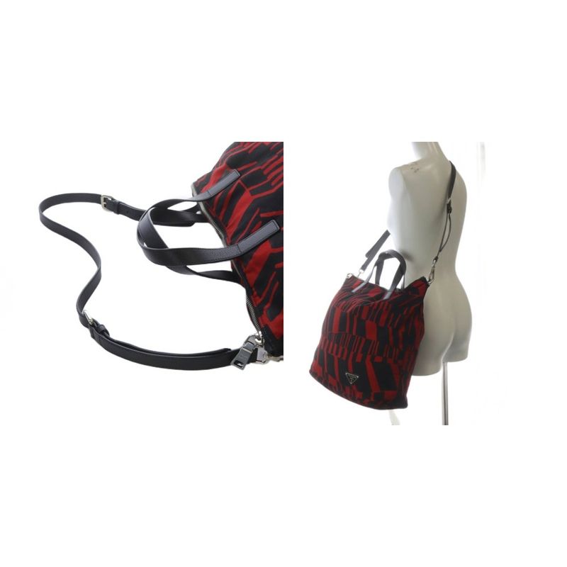 Prada Tote Shoulder Bag 2way Crossbody Triangle Logo Plate Red Black YO22 - OH